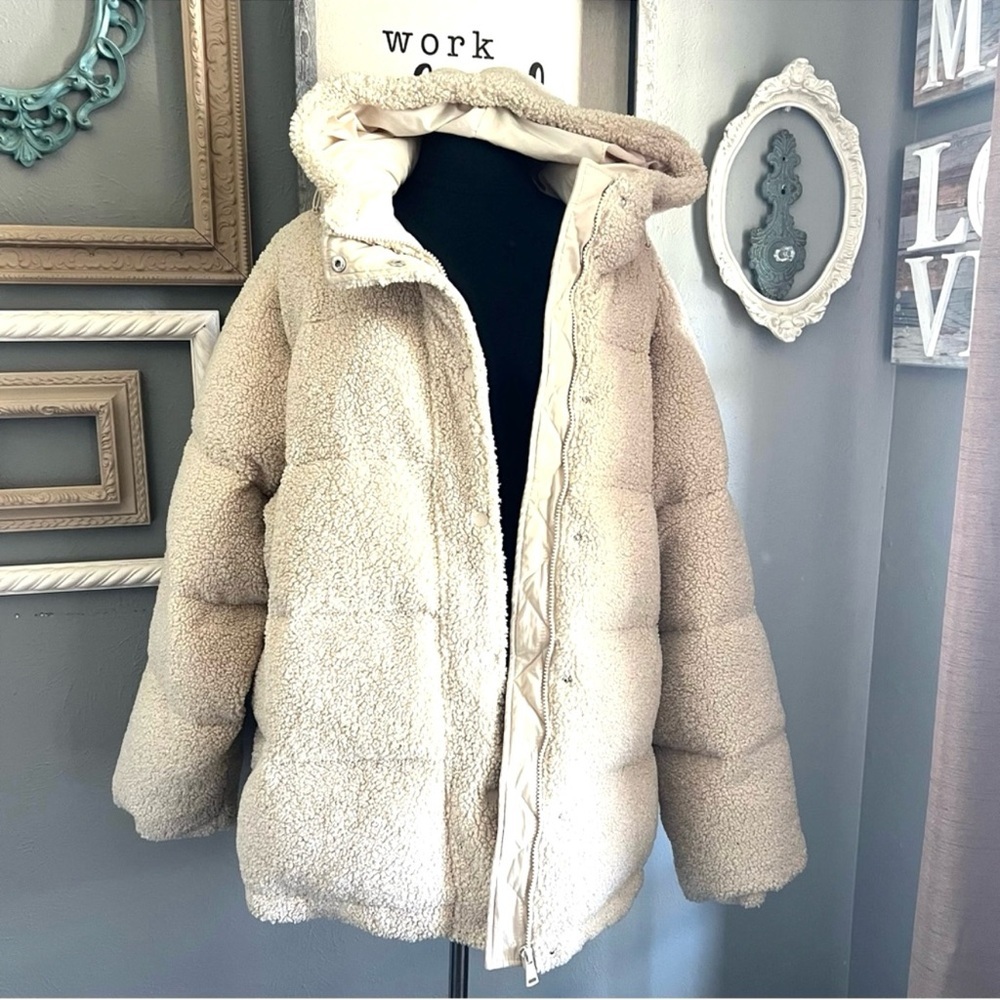 GOOD AMERICAN Faux Shearling Cocoon Puffer Jacket Size XL - Picture 4 of 10